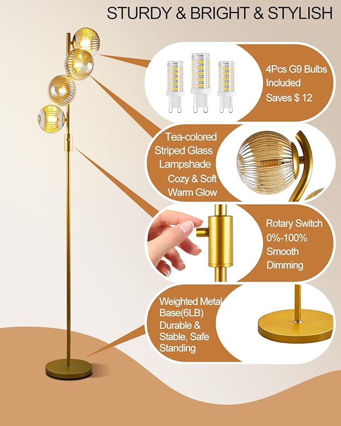 Lightdot 64IN Dimmable Floor Lamp with Glass Globe Shade, Modern Gold Standing Lamps with 4PCS 3000K G9 Bulbs Soft Warm White Eye Care, Mid Century Floor Lamp for Living Room Bedroom