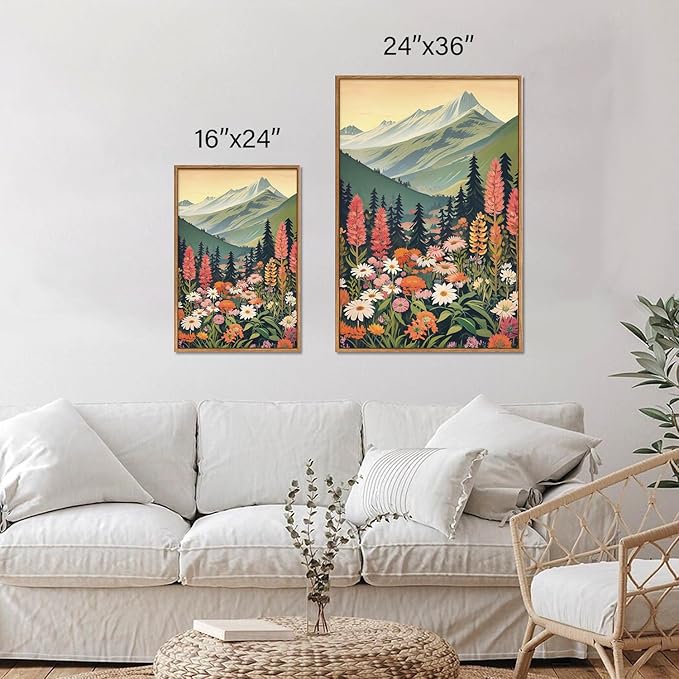 Tinonedraw Mountain Wildflower Framed Canvas Wall Art Set, Boho Mountains Landscape Wall Decor, Modern Floral Forest Scenery Artwork, Neutral Nature Art Prints for Living Room Bedroom Office 24"x36"x3