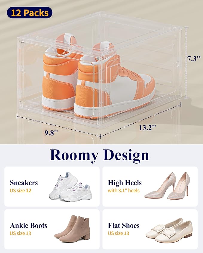 Kitsure Thicker & Sturdier Shoe Boxes - 12 Pack White Clear Plastic Foldable Storage Organizer with Magnetic Door, Reinforced Heavy-Duty Design for Sneakers, Toiletries & Accessories, 13.2"x9.8"x7.3"