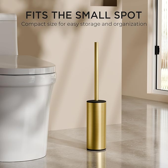 FORIOUS Toilet Brush and Holder Set, 304 Stainless Steel Long Handle and Heavy Duty Base for Bathroom Deep Cleaning, Drip-Proof, Space Saving for Storage, 2 Toilet Bowl Brush Head, Dark Gold