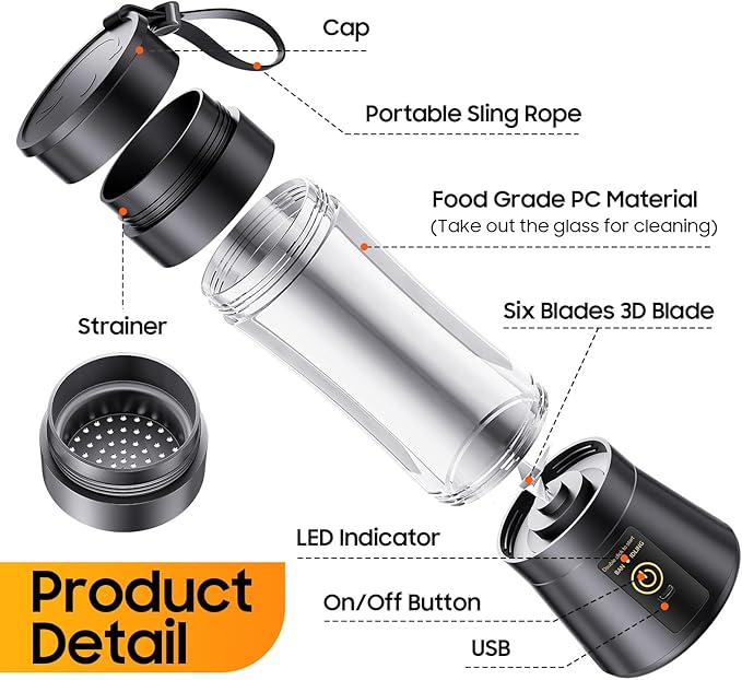 Portable Blender Make Shakes and Smoothies - USB Rechargeable Personal Size Mini Blender Freshly Squeezed, 380Ml BPA Free Travel Cup in Picnic/Office/Gym