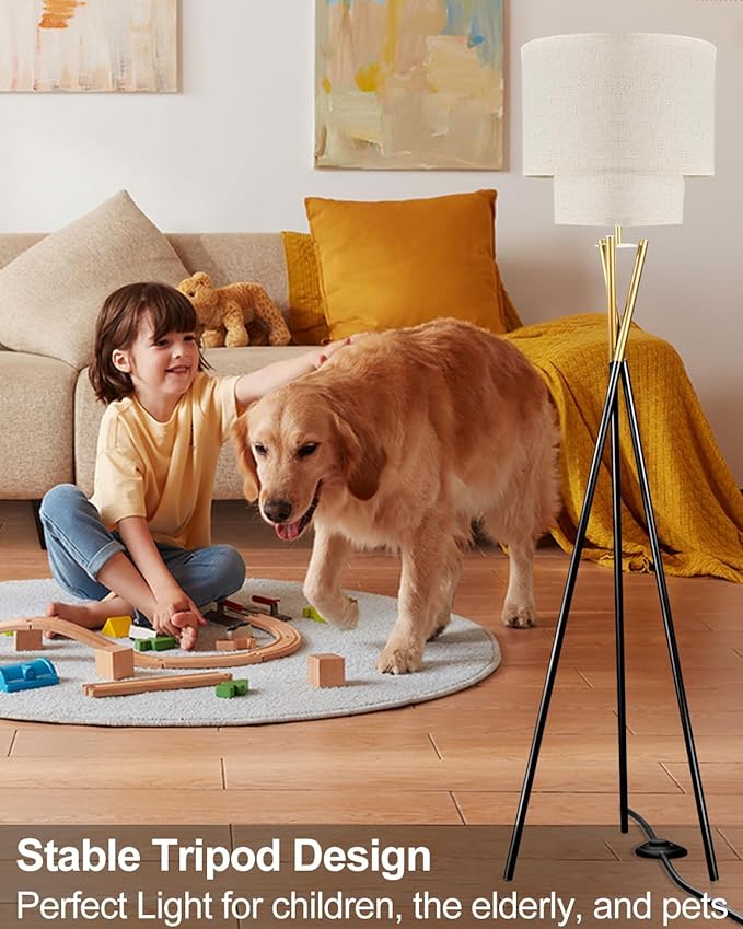 Lightdot Gold Tripod Floor Lamp, Modern Floor Lamp for Living Room, Standing Lamp with Linen Shade, E26 Bulb Included, 66" Tall Floor Lamps for Bedroom, Home Office