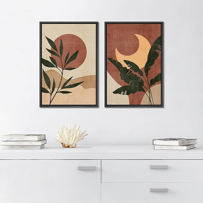 SIGNFORD Framed Canvas Print Wall Art Set Sun & Moon Mid-Century Desert Plants Abstract Shapes Illustration Modern Art Decorative Nordic Nature for Living Room, Bedroom, Office - 24"x36"x2 Black