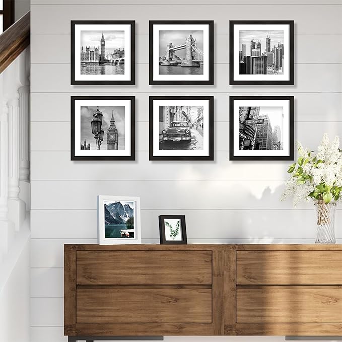 10x10 Black Picture Frames set of 3, Made of Wooden and Real Glass Square Photo frame - Displays 8x8 Picture With Mat or 10 x 10 Without Mat, Desktop & Wall Collage Frame set