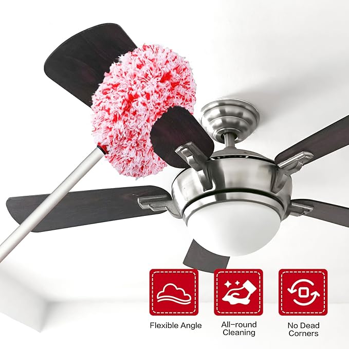 Ceiling Fan Cleaner Duster Reusable Microfiber Ceiling Fan Blade Cleaner Removable Duster with Extension Pole Adjusts 13 to 49.7 Inch for Cleaning Walls Furniture Door Window Top (Red White)