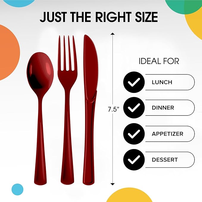 Party Solids Burgundy Plastic Silverware Heavy Duty 150 Pieces Burgundy Plastic Cutlery Sets, Utensil Sets, 50 Of Each Forks, Knives & Spoons Disposable Cutlery Set, Flatware Set For Party Supplies