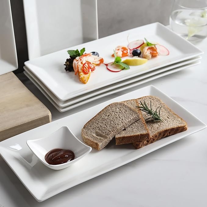 Rectangular Serving Platters Set, 12 Inch Large Ceramic Serving Plates, Stackable Serving Tray, Porcelain White Serving Platter for Appetizer, Sushi, Dessert, Snacks, Steak, Dishwasher Safe (4PCS)