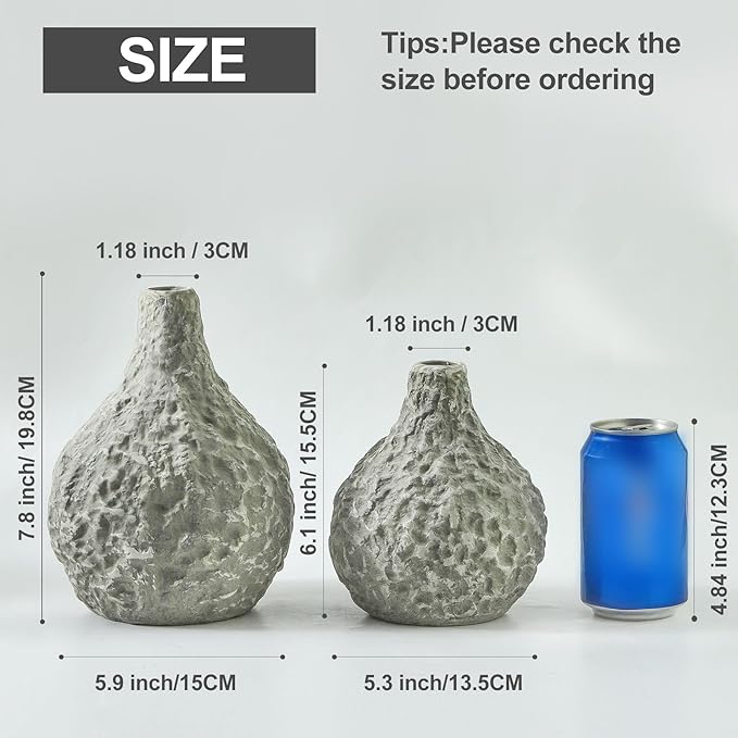 Stone Vases,Ceramic Bud Vase Set of 2,Minimalist Vases for Pampas Grass,Modern Vase for Wabi Sabi Home Decor, Shelf Decoration,Fireplace Decor,Coffee Table Decor