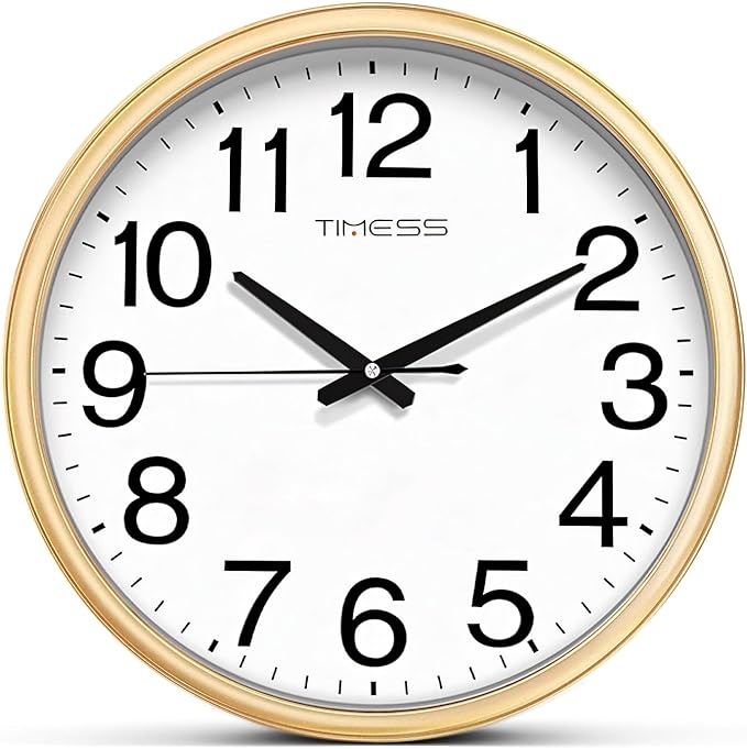 Wall Clock, 18 Inch Large Dial Non-Ticking Silent Battery Operated Quality Analog, Ultra-Quiet Movement Quartz, Timeless Stylish Clock, Ideal Modern Home, Office Décor (Gold)