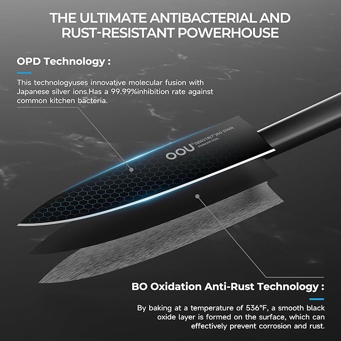 OOU Kitchen Knife Set - 15 Pcs High Carbon Stainless Steel Chef Knife Sets, Dishwasher Safe Black Knives Block Set With Built in Sharpener, Gifts for Men Women