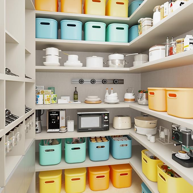 8 Pack Colorful Storage Bins for Shelves, Plastic Storage Containers for Organizing, Stackable Storage Boxes with Handle, Colored Storage Bins for Classroom, Craft, Snacks, Cabinet, 9.7x6.7x5.7 inch