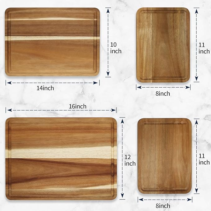 AZRHOM Large Wood Cutting Boards Set of 4 for Kitchen Cheese Charcuterie Board (Gift Box Included) Acacia Butcher Block with Non-slip Mats, Juice Groove and Handles (16x12, 14x10, double 11x8 inch)