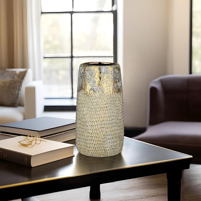 10.2" Ceramic Flower Vintage Vase - White & Gold Textured Metal Ceramic Vase for Farmhouse Modern Home Decor Pampas Grass Centerpieces Living Room Bedroom Office Decoration
