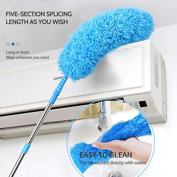 Ceiling Fan Cleaner Duster Reusable Microfiber Removable Duster with Extension Pole Adjusts 12 to 71 Inch for Cleaning Walls Bookshelves Furniture Door Window Top (Blue)