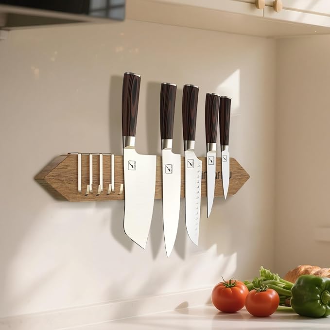 imarku Magnetic Knife Holder for Wall - 16 Inch Acacia Wood Magnetic Knife Strip with Powerful Magnet, Knife Magnetic Strip for Kitchen Utensil Organizer with 4 Hooks, Natural Acacia