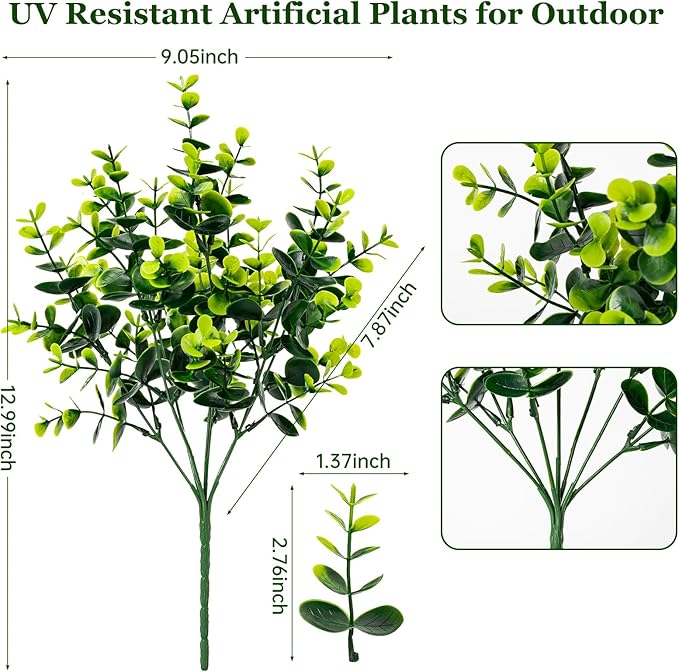 10 Bundles Artificial Plants for Outdoor Fake Plants for Spring Decoration,10 Bundles Faux Eucalyptus Plants for Planter UV Resistant Lifelike for Home Porch Garden(Green)