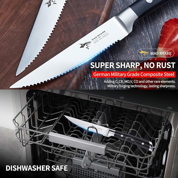 MAD SHARK Steak Knives Set of 6,Premium 12.6-inch Serrated Steak Knife Set,Ultra Sharp German High Carbon Stainless Steel Triple Rivet Collection 6-Piece Kitchen Steak Knife Set (STEAK KNIFE SET OF 6)