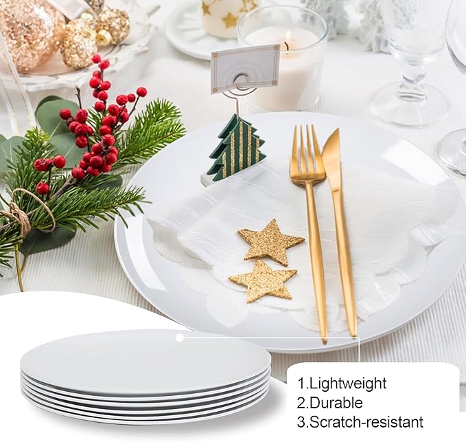 White Melamine Dinner Plates,6pcs Dishes Set,10inch Lightweight Round Plates,Scratch Resistant Unbreakable Serving Dishes,White