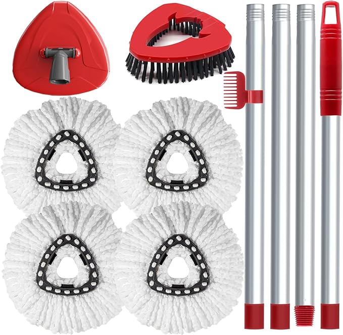 4 Spin Mop Head Replace Compatible with Cedar EasyWring 1 Tank, Upgrade Scrub Brush and Mop Base, 30"-58" Handle, Microfiber Replacement Head Refills, Easy to Install