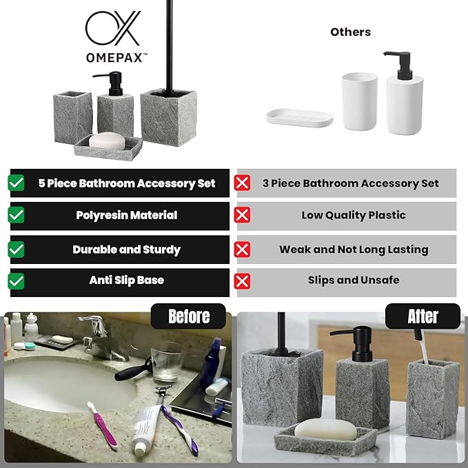 Bathroom Accessories Set - Soap Dispenser, Toothbrush Holder, Soap Dish, Toilet Brush & Toilet Brush Holder - Grey Stone Bathroom Accessories Set - Modern Bathroom Organizer Set (Black)