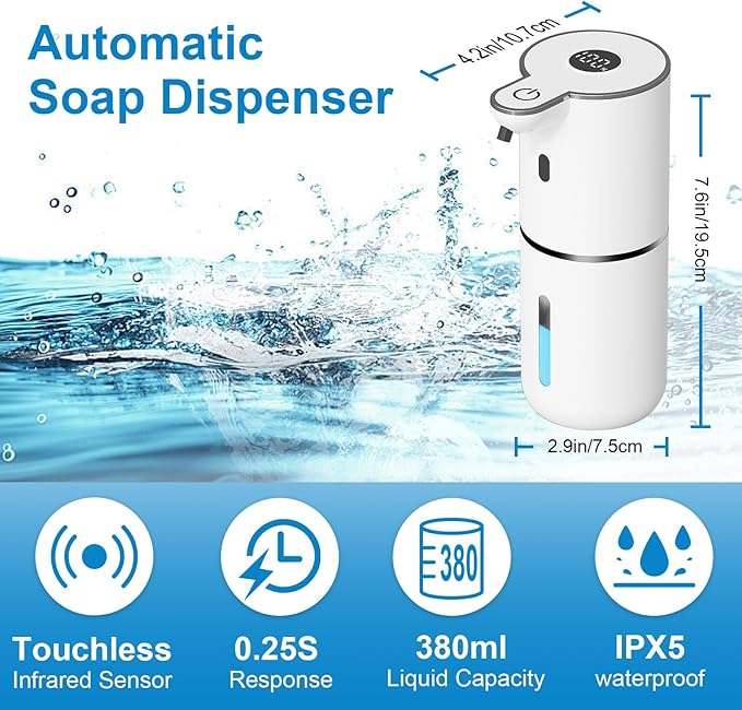 2 Pack Automatic Foaming Soap Dispenser Touchless, USB Rechargeable Smart Hand Soap Dispenser, 6-Level Adjustable, 12.8oz/380mL Wall Mount for Bathroom Kitchen Dish Soap