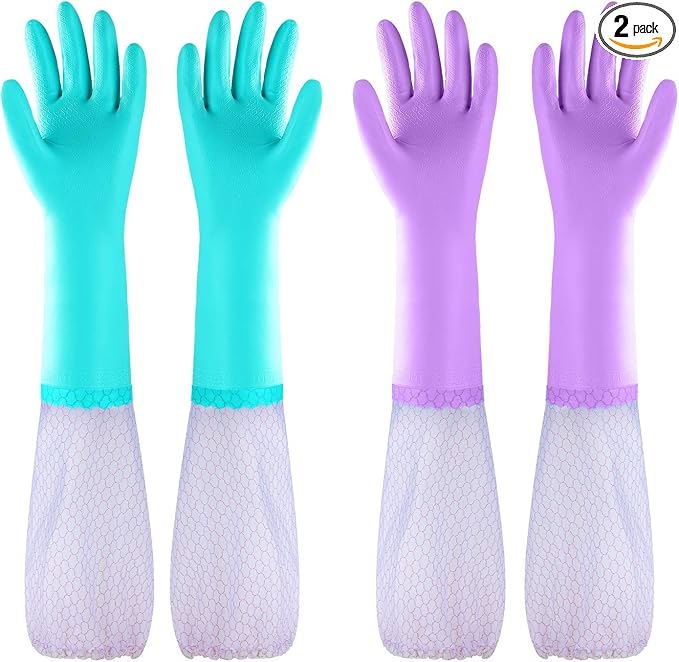 Elgood Reusable Long Sleeve Dishwashing Cleaning Gloves with Latex Free,Cotton Lining,Kitchen Gloves 2 Pairs,Purple+Blue L