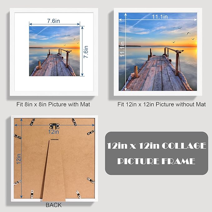 12x12 White Picture Frame set of 3, Made of Real Glass and Wooden Square Photo frame - Displays Picture 8x8 With Mat or 12 x 12 Without Mat, Desktop & Wall Collage Photo Frame