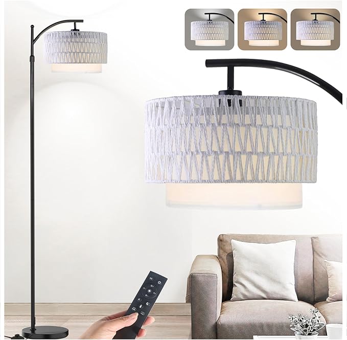 Arc Floor Lamp for Living Room,Farmhouse Floor Lamps with Remote Control & Dimmable Bulb,White Rattan Boho Tall Standing Lamp for Bedroom Office