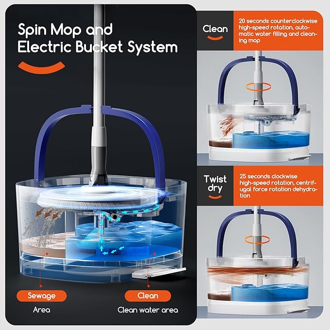 Spin Mop and Electric Bucket System, Unique Automatic Washing and Wring Electric Bucket, Upgrade Spin Mop Bucket with 2 Microfiber Cloths,Suitable for Hardwood Tile Marble Floor-White