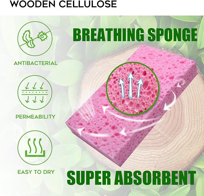 Cleaning Scrub Colored Sponge,Non-Scratch Kitchen Cellulose Dishwashing Sponge,16Pack Biodegradable Natural Sponge
