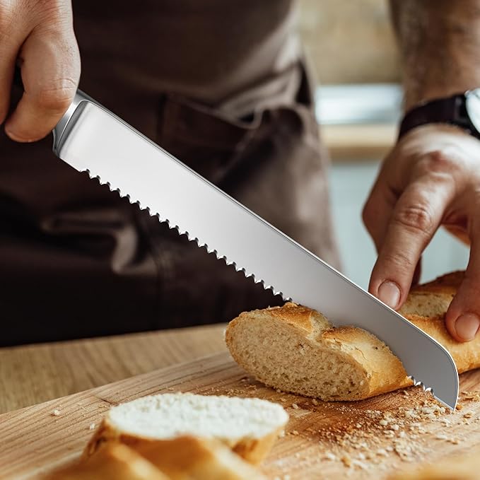 SHAN ZU 8" Bread Knife - Sourdough Slicing Knife Professional German 1.4116 Stainless Steel Serrated Blade, Ergonomic Wood Handle & Full Tang Design, Gift Box Included(Single-Edge)