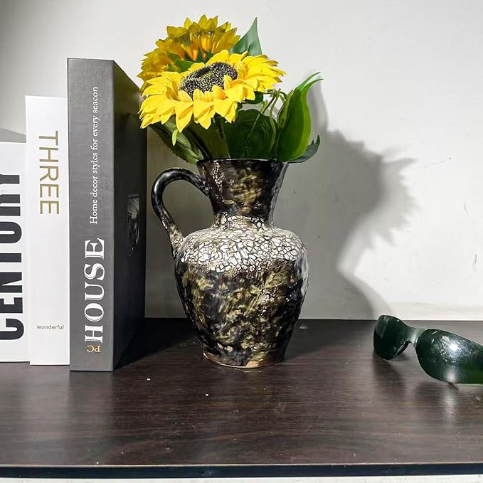 Rustic Pottery Ceramic Vase - Vintage Farmhouse Style Decor, White Grid Ceramic Vases for Home Decor, Modern Farmhouse Decor (White Black)