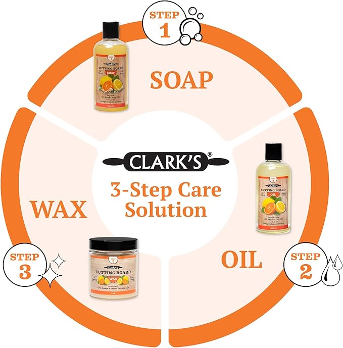 CLARK'S Cutting Board Oil And Wax Kit - Restore The Beauty Of Your Wood - 3-Step Care Solution - Clean Your Wood In All Natural Chemical Free Way - Prevents Cracking Or Warping - Food Safe