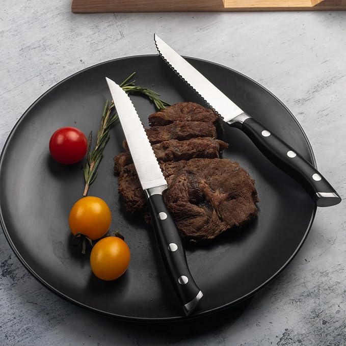 Alata 6-Piece Steak Knives Set with Block, 4.7 Inch with Serrated Edge Razor-Sharp Dinner Knives, Full-Tang Construction, Dishwasher Safe