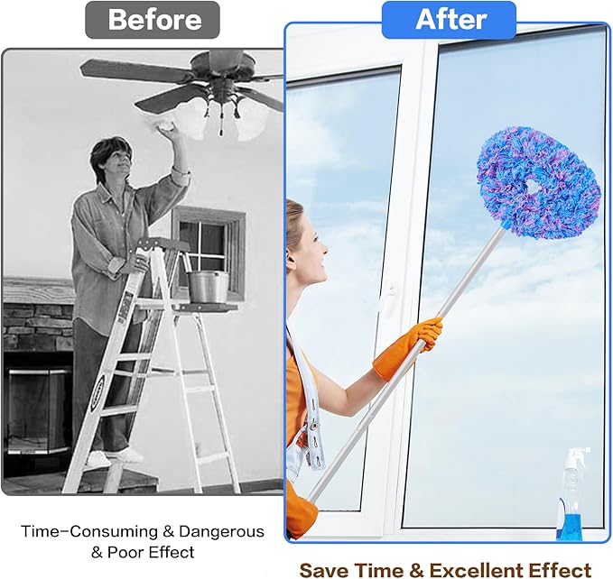 Ceiling Fan Cleaner Duster Reusable Microfiber Ceiling Fan Blade Cleaner Removable Duster with Extension Pole Adjusts 13 to 49.7 Inch for Cleaning Walls Furniture Door Window Top (Blue Pink)
