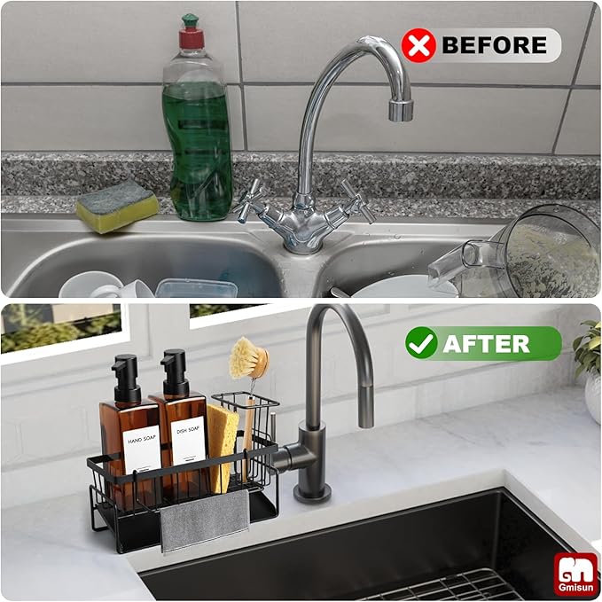 GMISUN Dish Soap Dispenser, 12 Fl oz / 350 ml Dual Soap Dispenser with Sponge Holder, Customized Amber Glass Kitchen Soap Dispensers Set, Modern Hand and Dish Soap Dispensers Set Removable