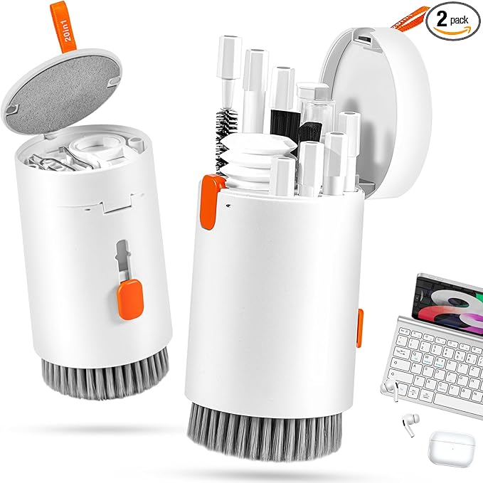 walrfid 2 Pack Laptop Phone Screen Cleaner Kit, Computer Keyboard Brush Cleaning Spray for iPhone AirPods MacBook iPad, 20-in-1 Electronic Device Tool for Camera Earbud TV Tablet Car Screens, White