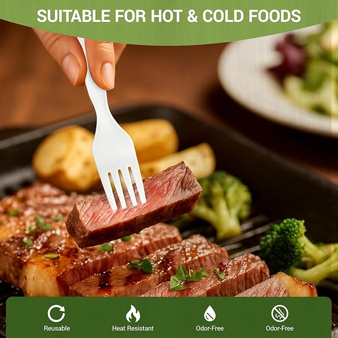 100% Compostable Froks - 100Pcs Heavy Duty Forks Disposable Utensils, BPA-Free, Heat Resistant, CPLA Disposable Forks, BPI Certified CPLA Disposable Cutlery for Party, Office & Picnic