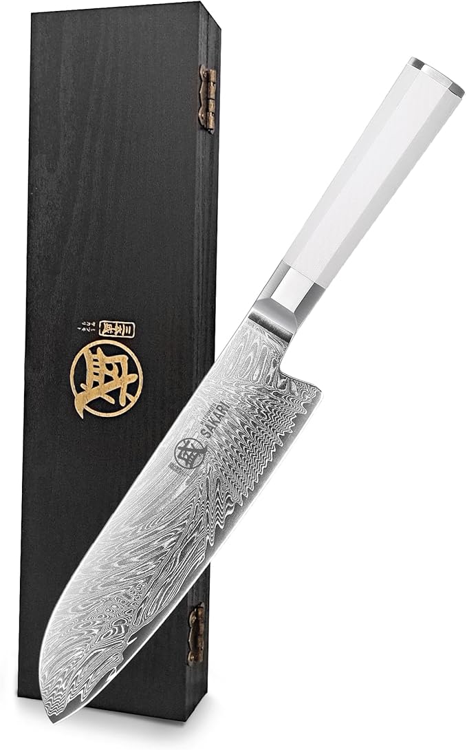 MITSUMOTO SAKARI Japanese Santoku Chef Knife, 8 Inch Kitchen Knife - Razor Sharp VG-Pro Steel Core, Precision Cutting for Meat & Veggies, Comfort Grip Ergonomic G10 Handle