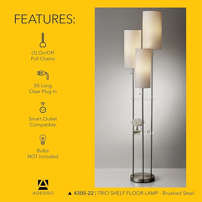 Adesso Trio Floor Lamp with Three Pull Chain Lights and Two-Tier Storage, Brushed Steel Base, White Linen Shades, 68” Tall, Enhances Room Decor and Lighting