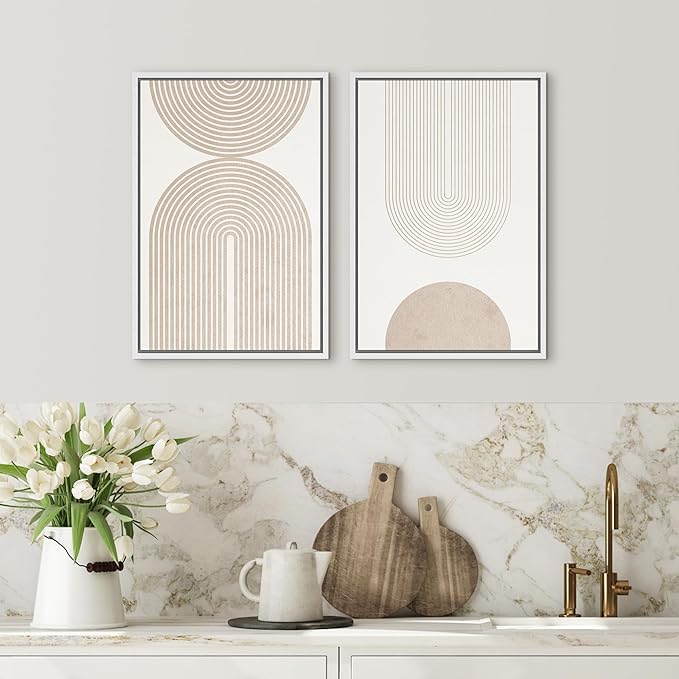 SIGNFORD Framed Canvas Print Wall Art Set Beige & White Duotone Geometric Spiral Polygons Abstract Shapes Illustrations Modern Art Decorative Minimalist Relax/Cozy for Bedroom - 16"x24"x2 White