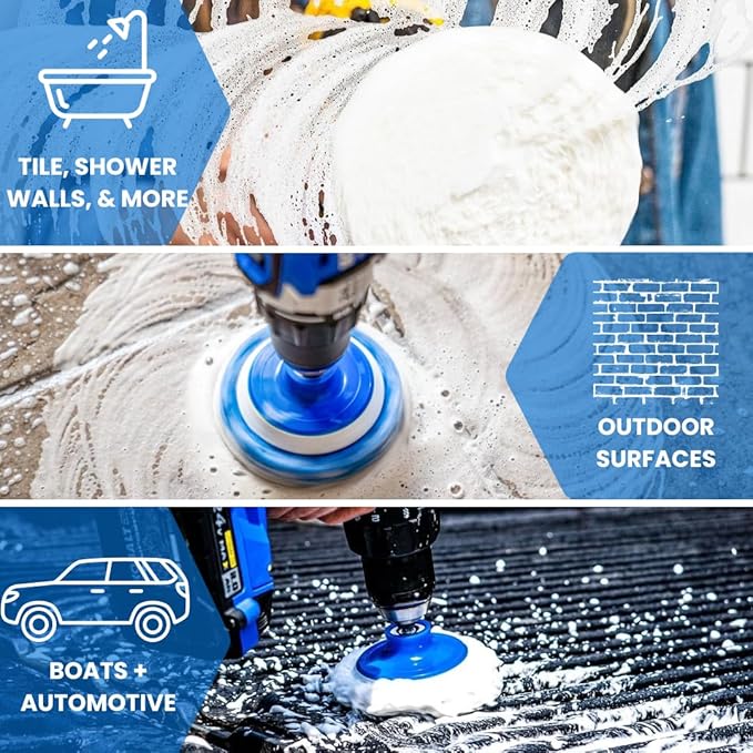 7 Pack Multi-Purpose Drill Brush Kit for Cleaning Bathrooms, Showers, Tubs, Tile, Floors, Sinks, Toilets, Grout and Grime Removal, Reversible Blue and White Scrub Pads