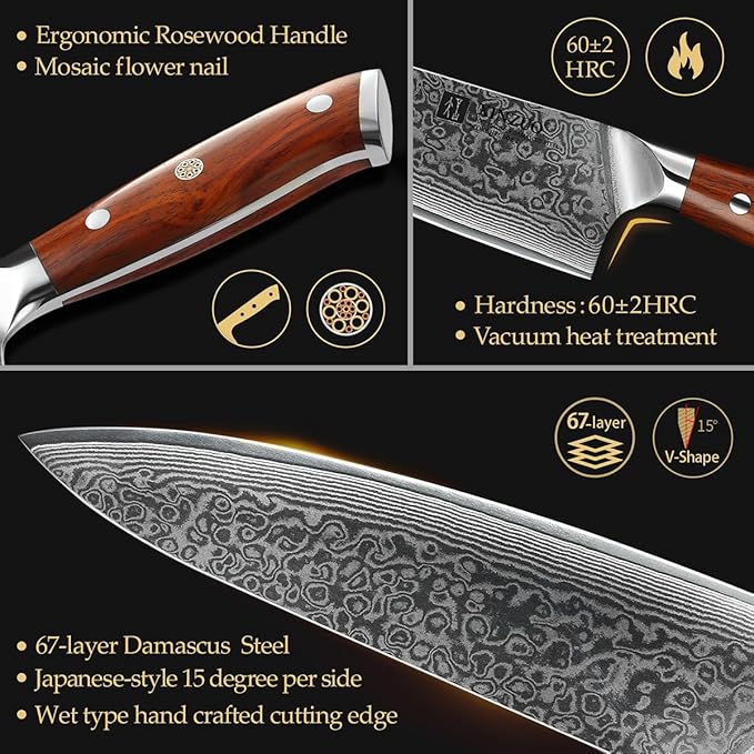 XINZUO 15pcs Kitchen Knife Set with Block, Professional Damascus Chef Knife Set-steak Knife Set of 6-Kitchen Shear&Diamond Honing Steel,Natural Rosewood Handle, Razor Sharp