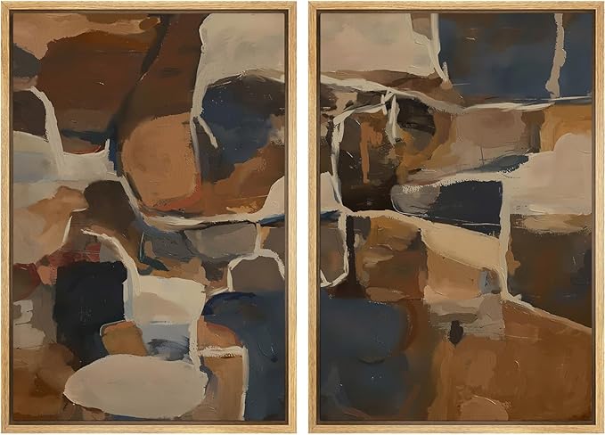 SIGNFORD Framed Canvas Print Wall Art Set Earthy Tones Abstract Layers Modern Brown and Blue Color Block Illustrations Modern Art Decorative for Living Room, Bedroom, Office - 24"x36"x2 Natural