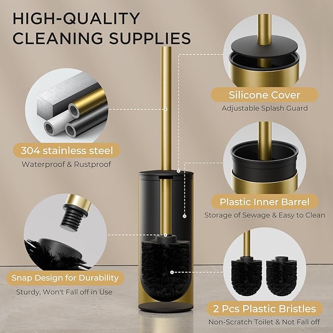 FORIOUS Toilet Brush and Holder Set, 304 Stainless Steel Long Handle and Heavy Duty Base for Bathroom Deep Cleaning, Drip-Proof, Space Saving for Storage, 2 Toilet Bowl Brush Head, Dark Gold
