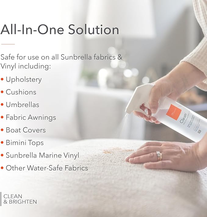 Sunbrella Clean Multi-Purpose Fabric Cleaner | All-in-One Solution for Water-Safe Fabrics and Vinyl | Upholstery Cleaner, Removes Stains & Spills | Non-PFAS | 16 fl oz