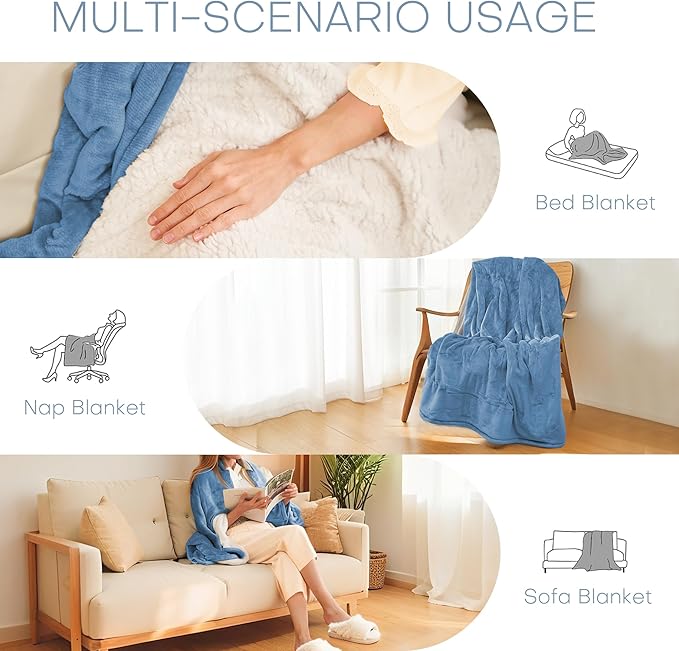 Electric Heated Blanket Twin Size 62"x84" - Microplush & Sherpa Fabric Dual-Sided, 6 Heat Settings & 1-10 Hours Auto Off , Cozy Warming Throw for Home, Office, or Bed, Machine Washable,Slate Blue