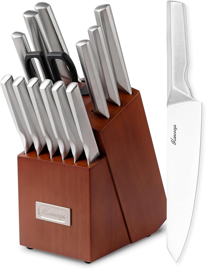 Knife Block Set, Japanese Stainless Steel Kitchen Knife Set with Built-in Sharpener, Sharp Knives with Non-slip Ergonomic Handle - Dishwasher Safe, Home Essential Gifts