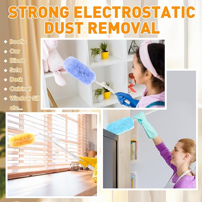 60 Pcs Heavy Duty Duster Refills with One 3 ft Retractable Handle 360° Heavy Duty Dusting Kit Multi-Surface Duster Refills Disposable Microfiber Dusters Feather Kit
