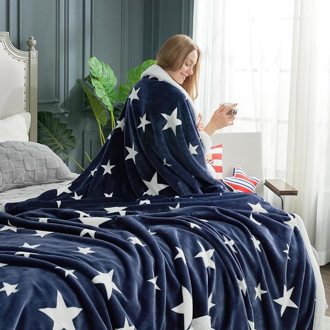 Cozy Bliss Luxury Sherpa Throw Blanket for Couch, Premium Reversible Thick Throw with Star Design, Warm Cozy Soft Blanket for Home and Gifts (Navy Blue, 60" x 80")